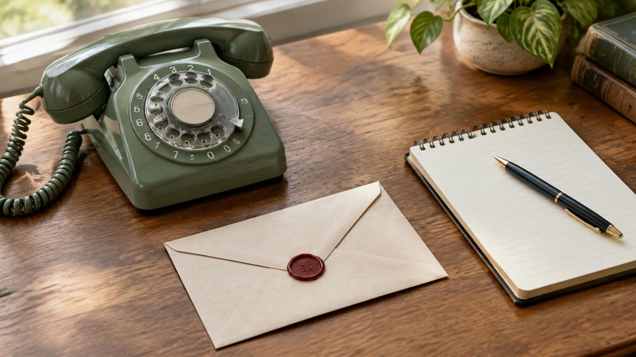 Rotary telephone and envelope on a wooden desk